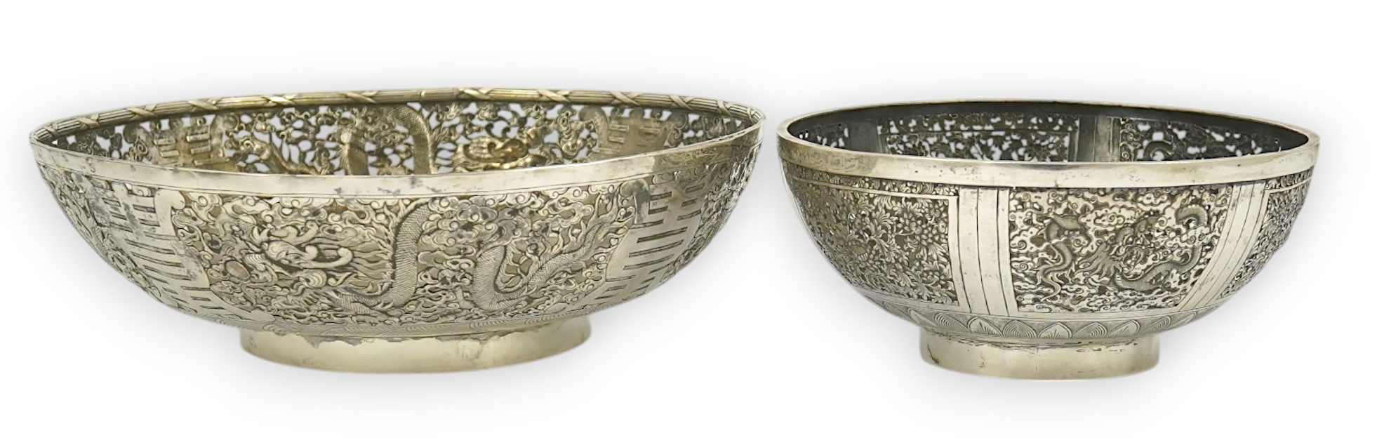 Two early 20th century Chinese Export pierced silver circular bowls